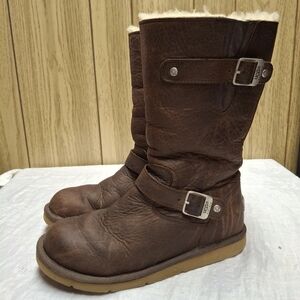 Ugg Australia Boots Kensington 5678 Brown Leather Shearling Lined Women's Sz 10